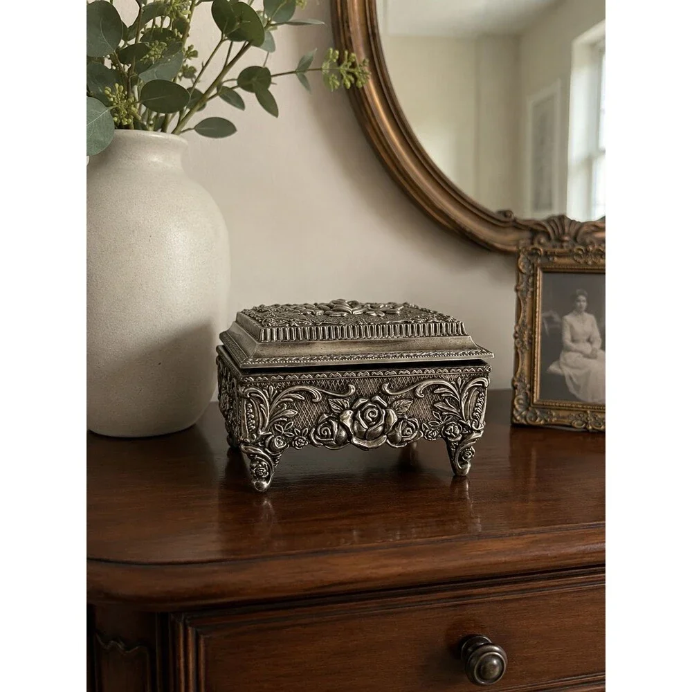Silver Plated Pewter Rose Jewelry Box Trinket Box Velvet Lined Footed Vintage